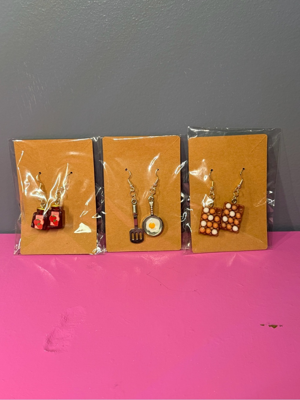 Homemade Novelty Breakfast & Pancake Dangle Earrings - Brown & Red
